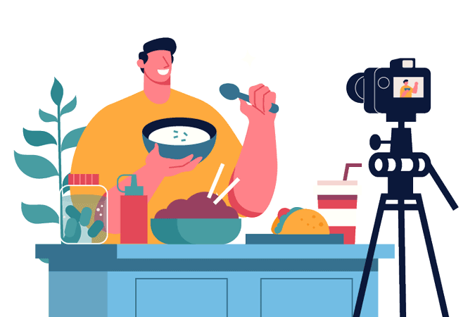 Piirroshahmo tekee omaa ruokavideota. Videot ovat merkittävä osa nykyistä sisällöntuotantoa.